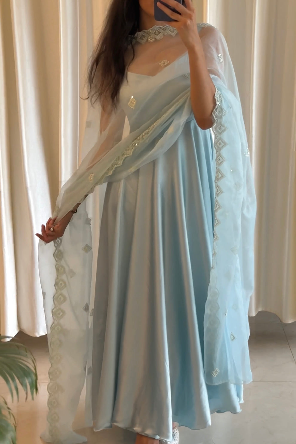 Powder Blue Satin Anarkali Set