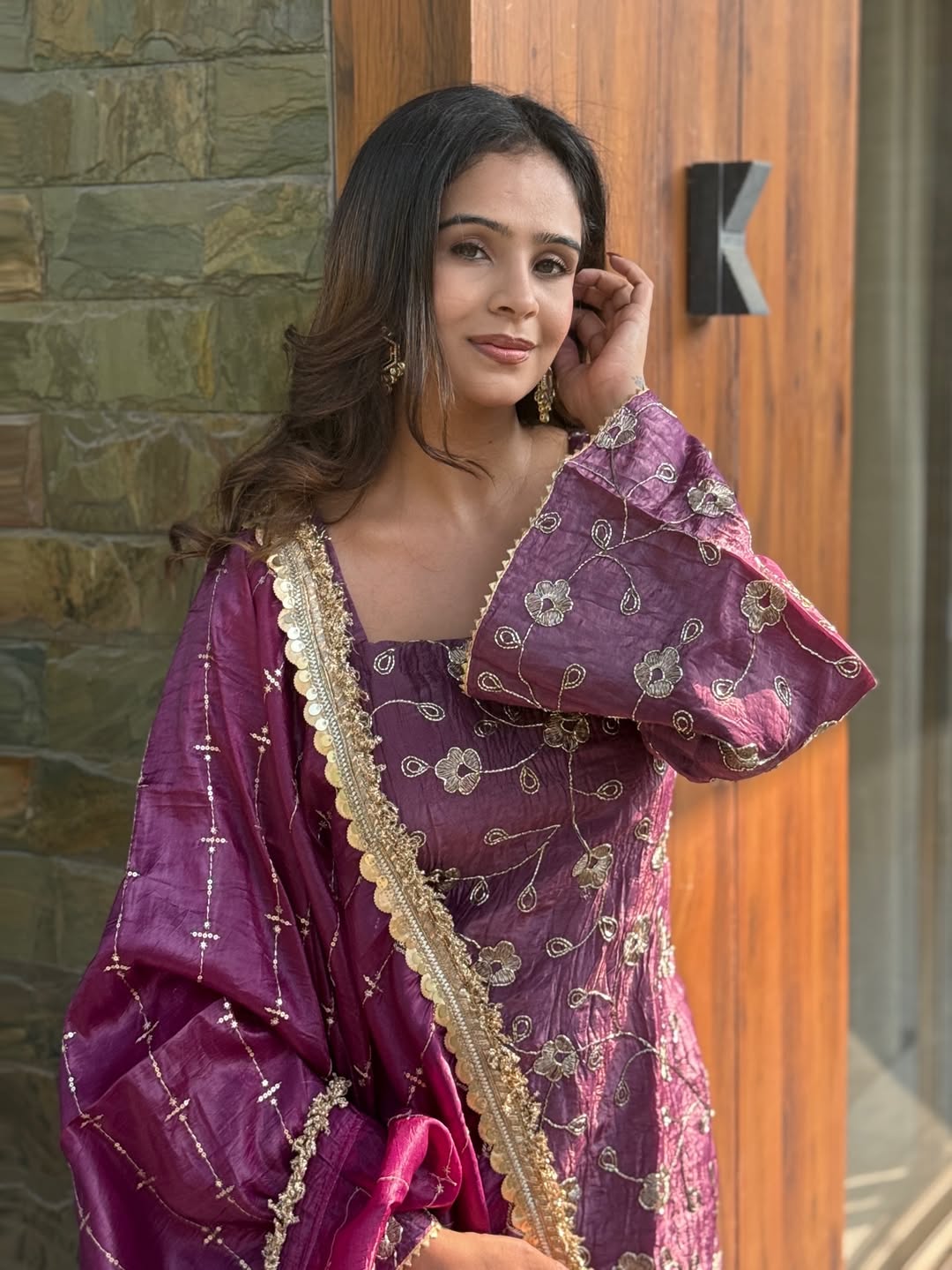 Plum Tissue Silk Embroidered Sharara Suit Set