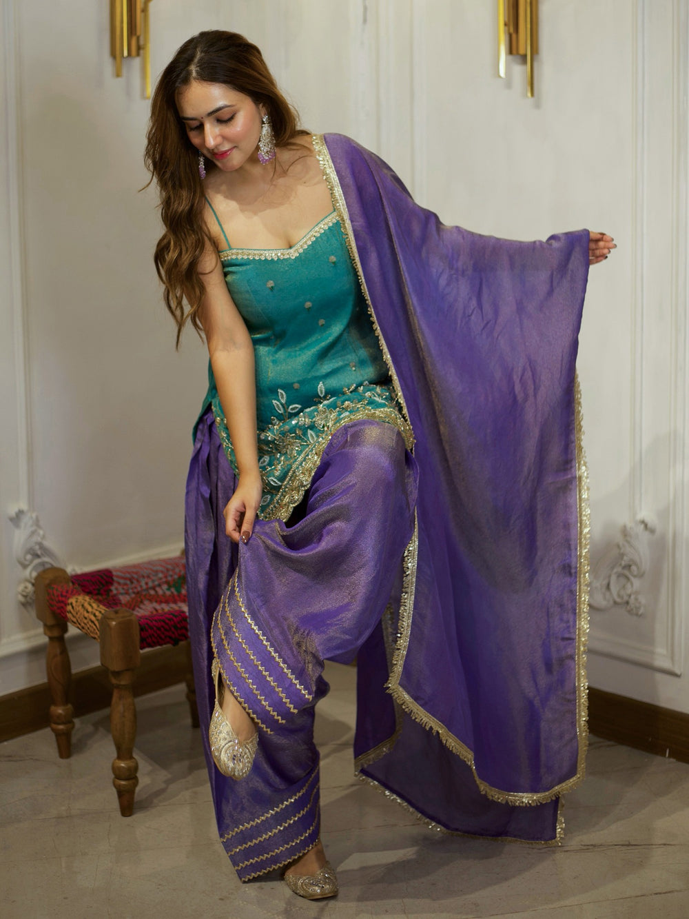 Beautiful Teal Green & Purple Embroidered patiyala suit