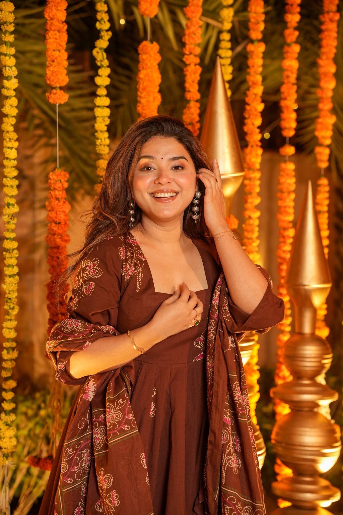 Beautiful Brown Printed Cotton Anarkali Suit