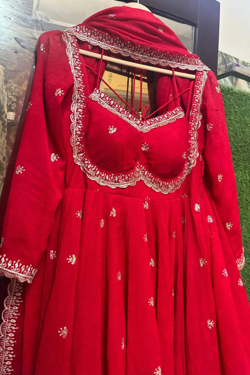 Beautiful Red Embroidered & Lace Work Anarkali Suit Set