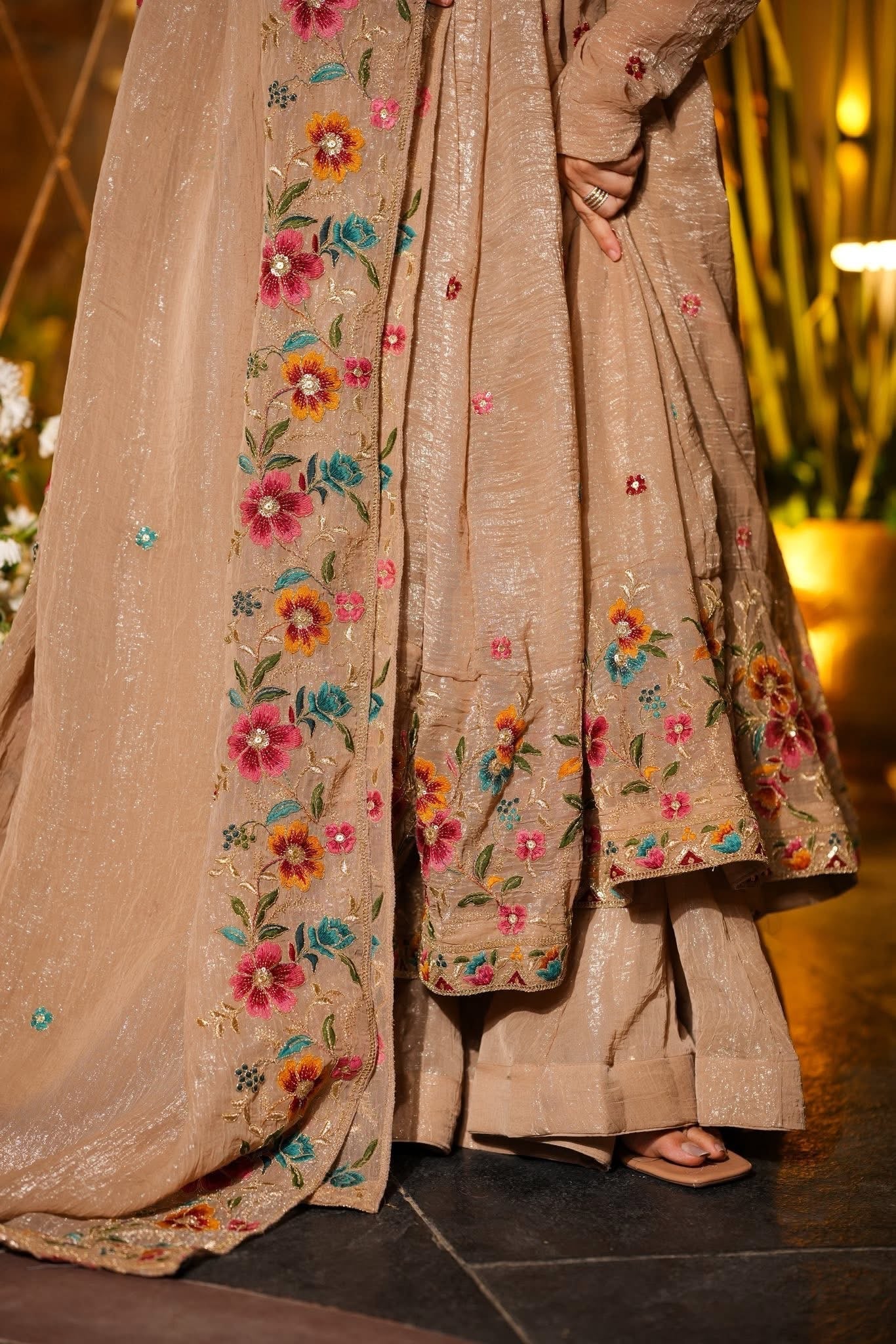 Beautiful Floral Embroidered Beige Anarkali Sharara Set