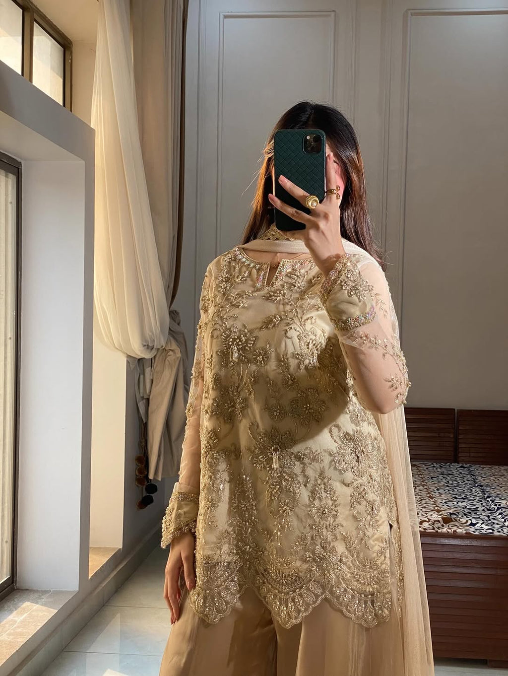 Gold Embroidered & Sequence Pakistani Top Palazzo Set