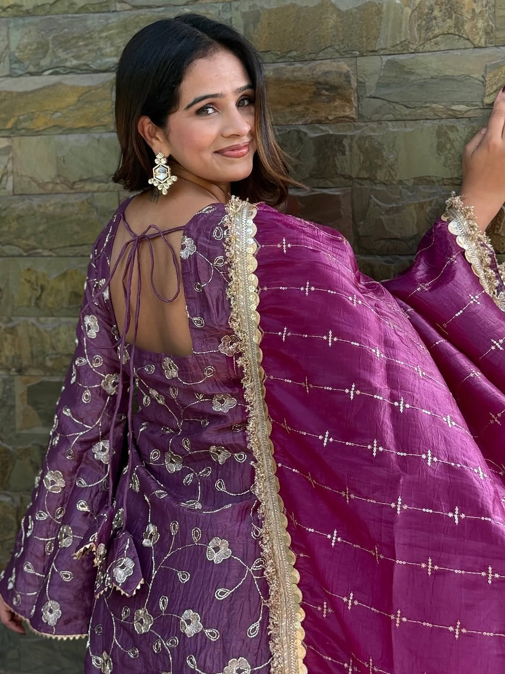 Plum Tissue Silk Embroidered Sharara Suit Set