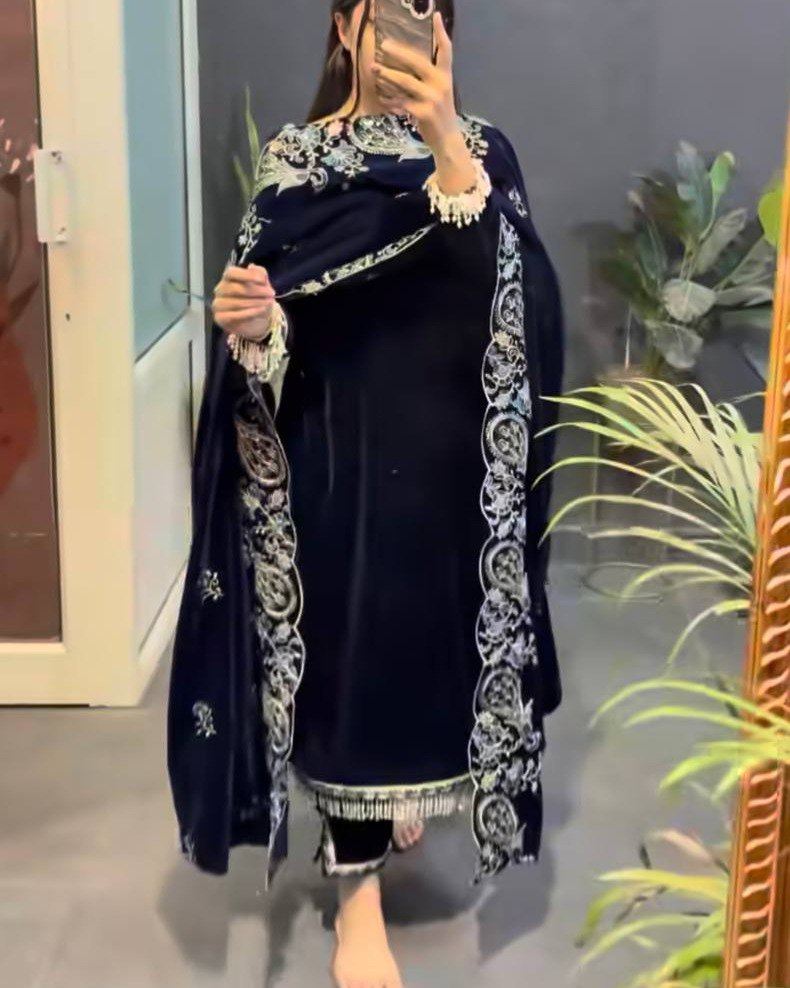 Midnight Blue Velvet Suit Set with Heavy Embroidered Dupatta