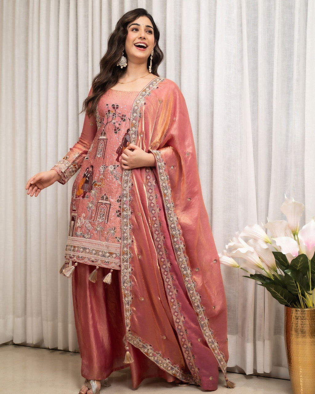 Rose Pink Embroidered Sharara Set with Elegant Dupatta