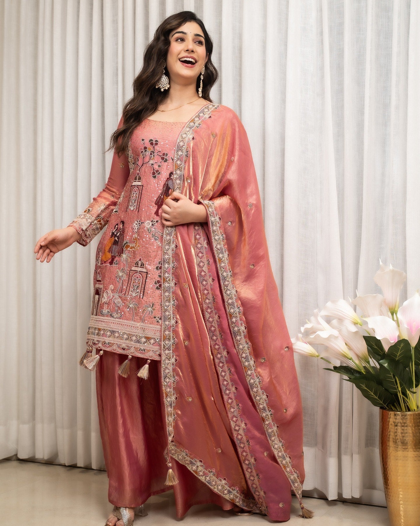 Rose Pink Embroidered Sharara Set with Elegant Dupatta