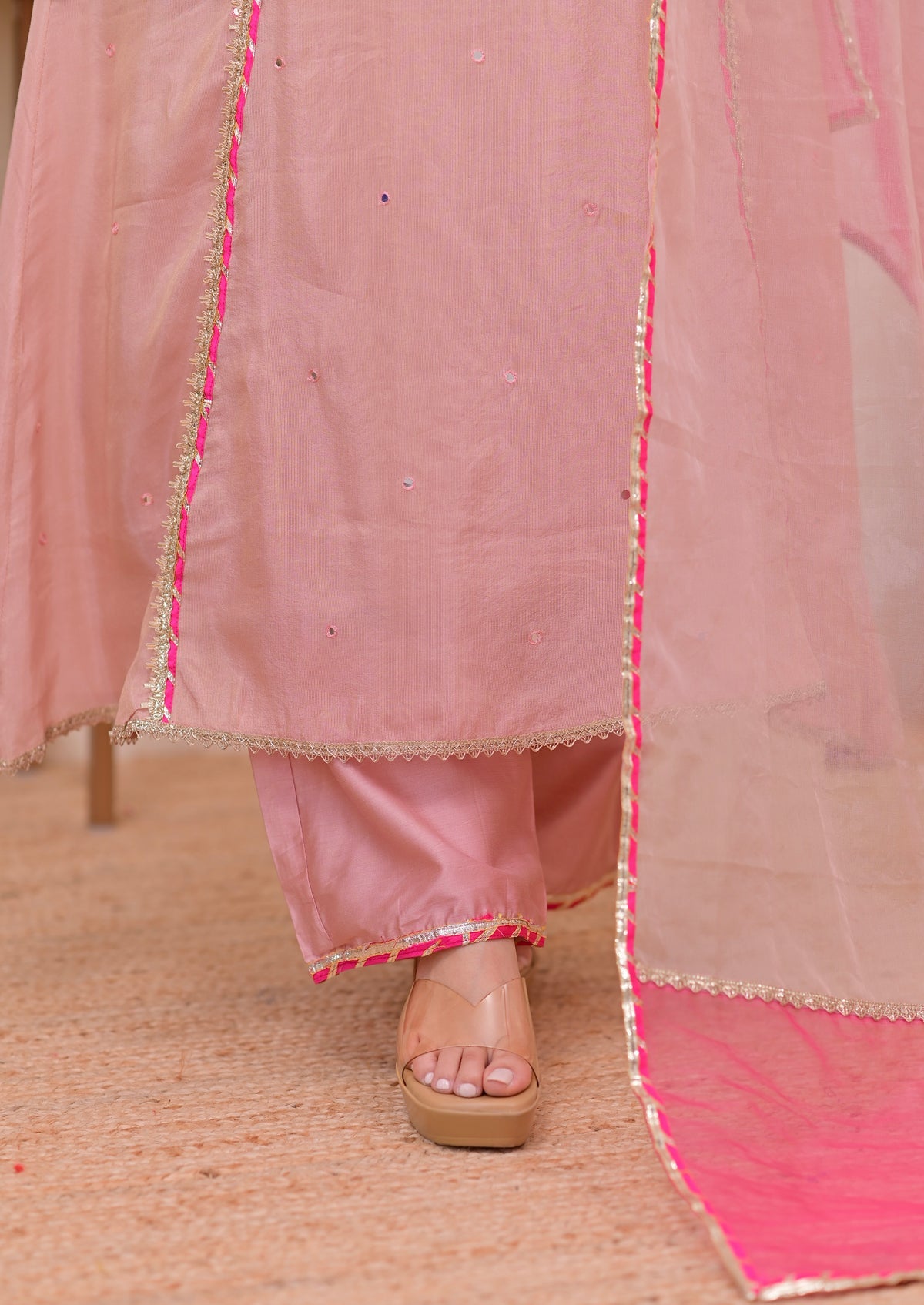 Gulabi Mul Chanderi Handwork A Line Suit
