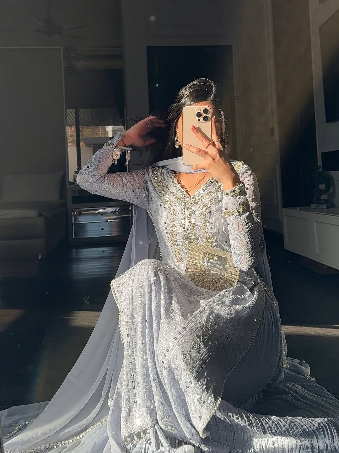 Ice Blue Embroidered Sharara Set
