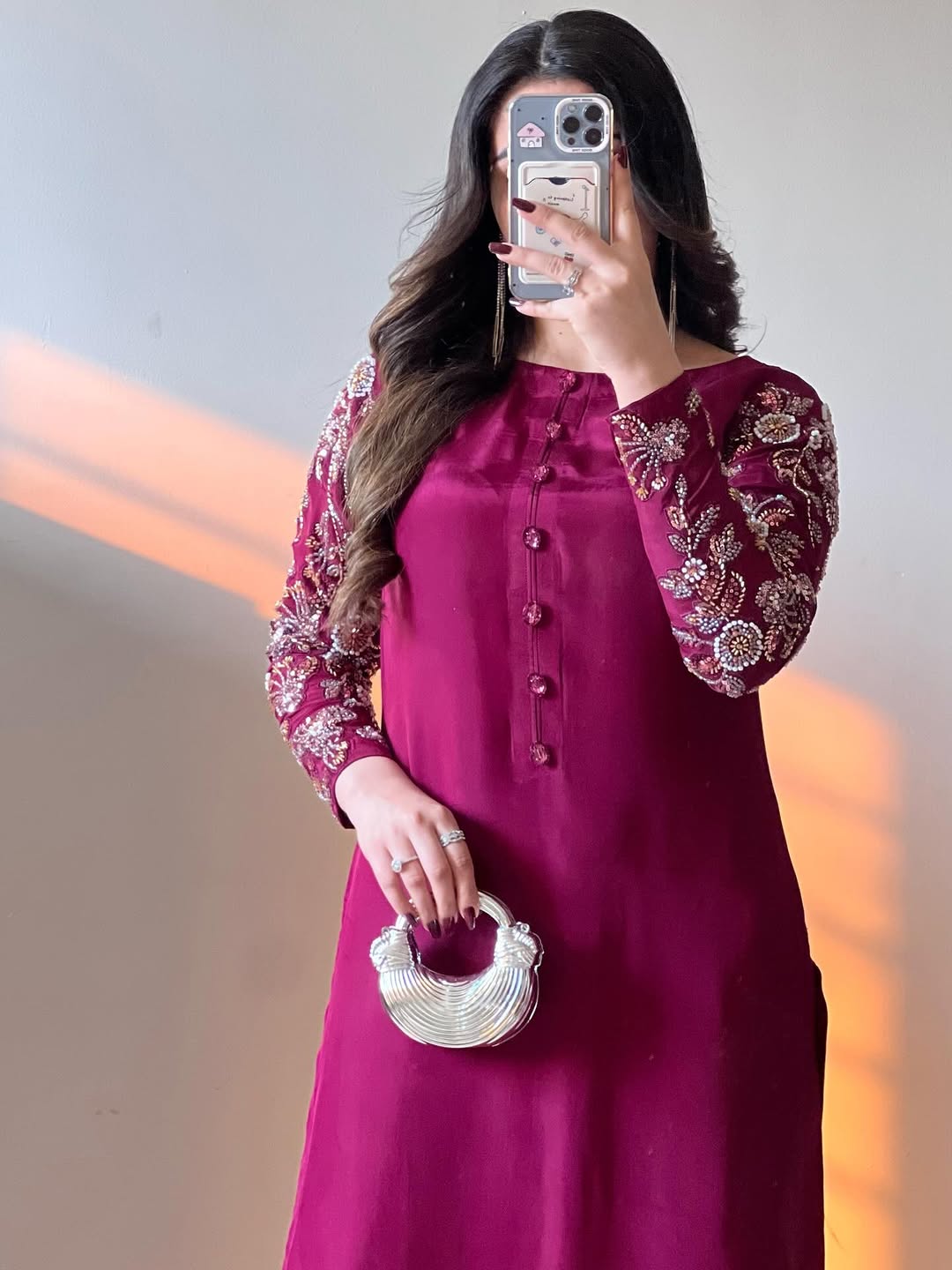 Wine Embroidered A-Line Pakistani Suit Set