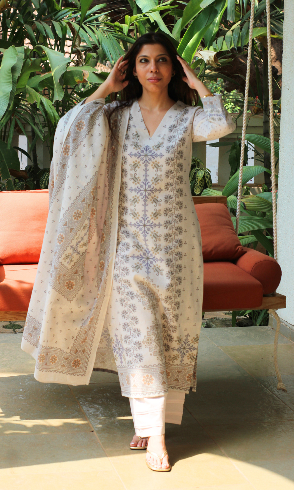 Ivory Calm Mosaic Kurta , Dupatta with Cotton Pants