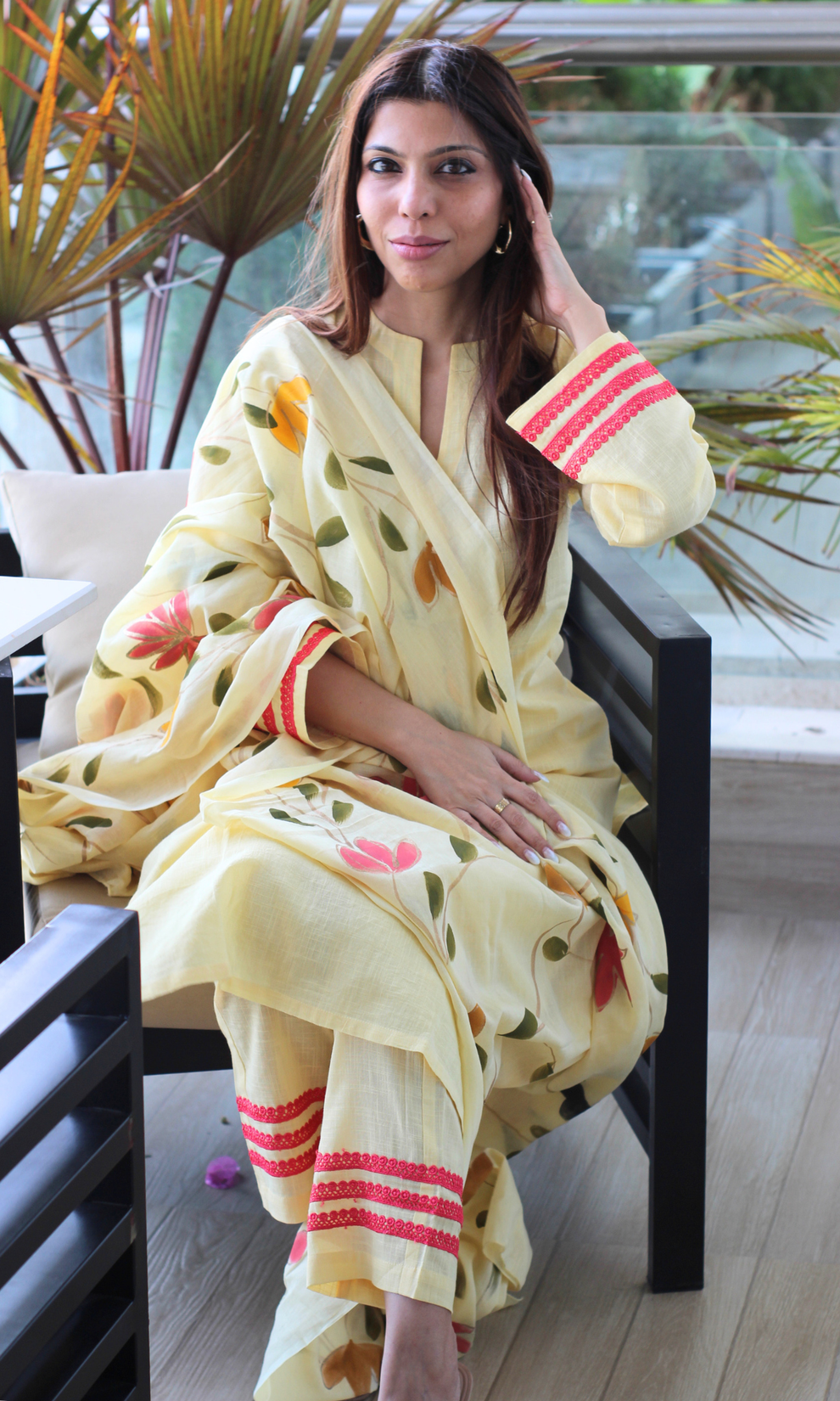 Cotton Yellow Hand-painted Kurta Set