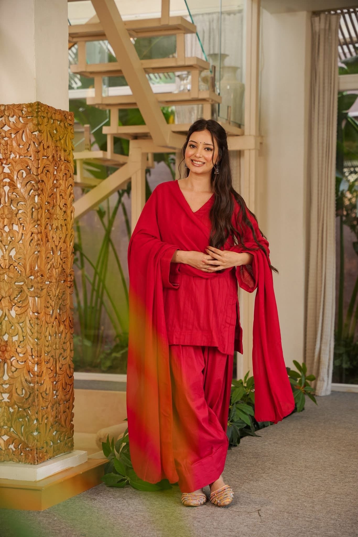 Red Cotton Farshi Salwar Suit