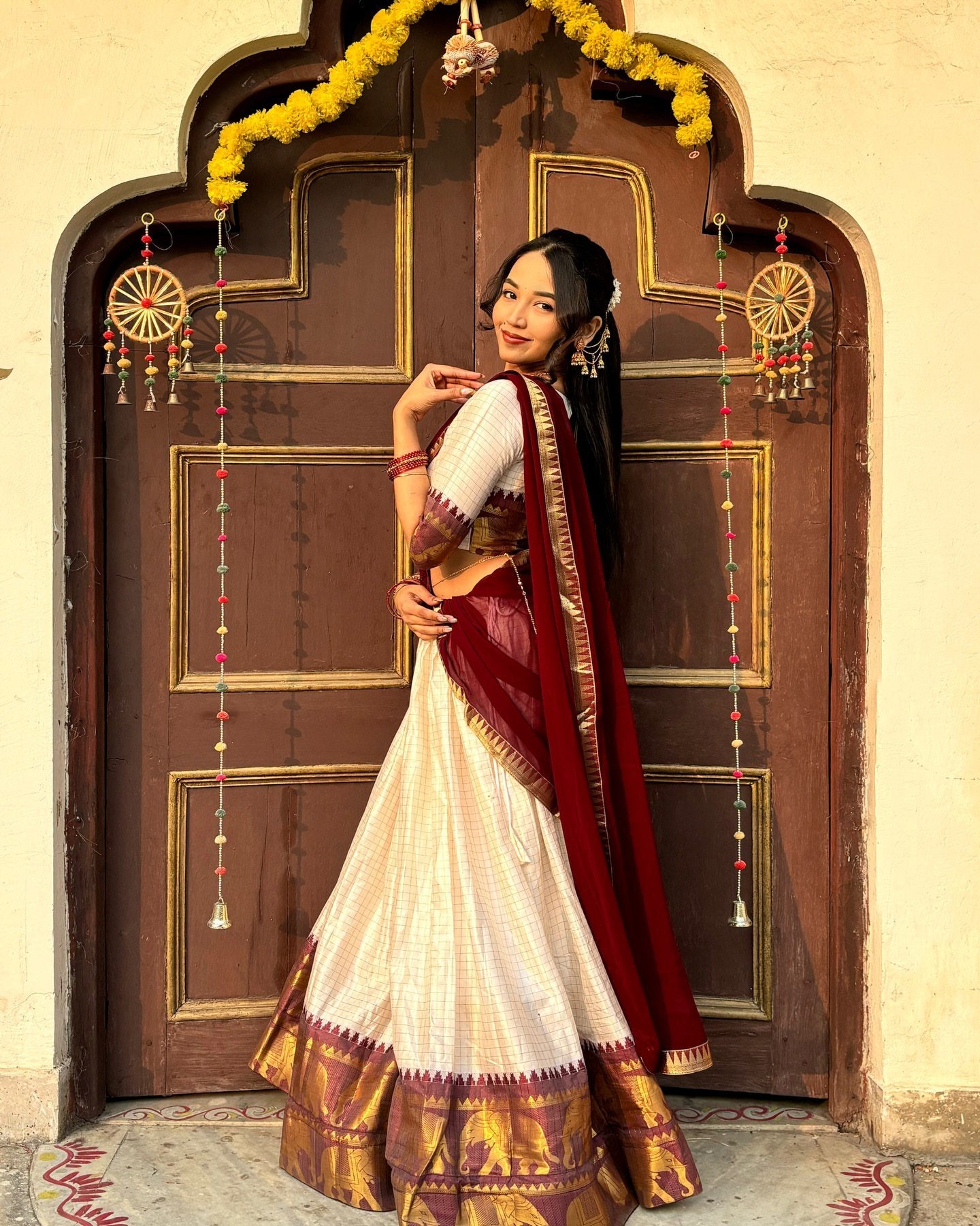 White And Maroon Color Poly Cotton Chex Onam Half Saree
