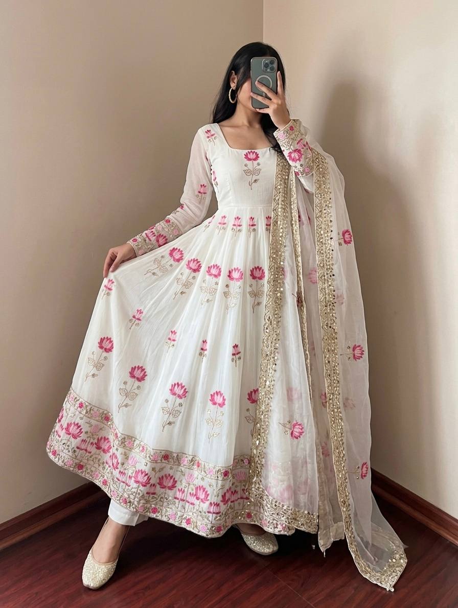 Beautiful Lotus Embroidered Anarkali Suit Set