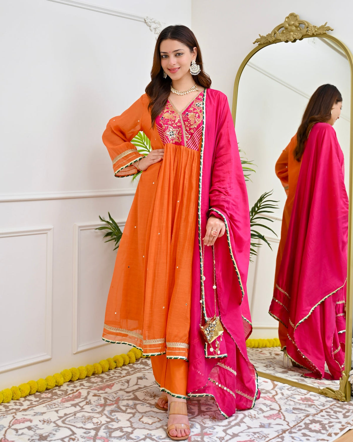 Kesariya A Line Mul Chanderi Handwork Suit