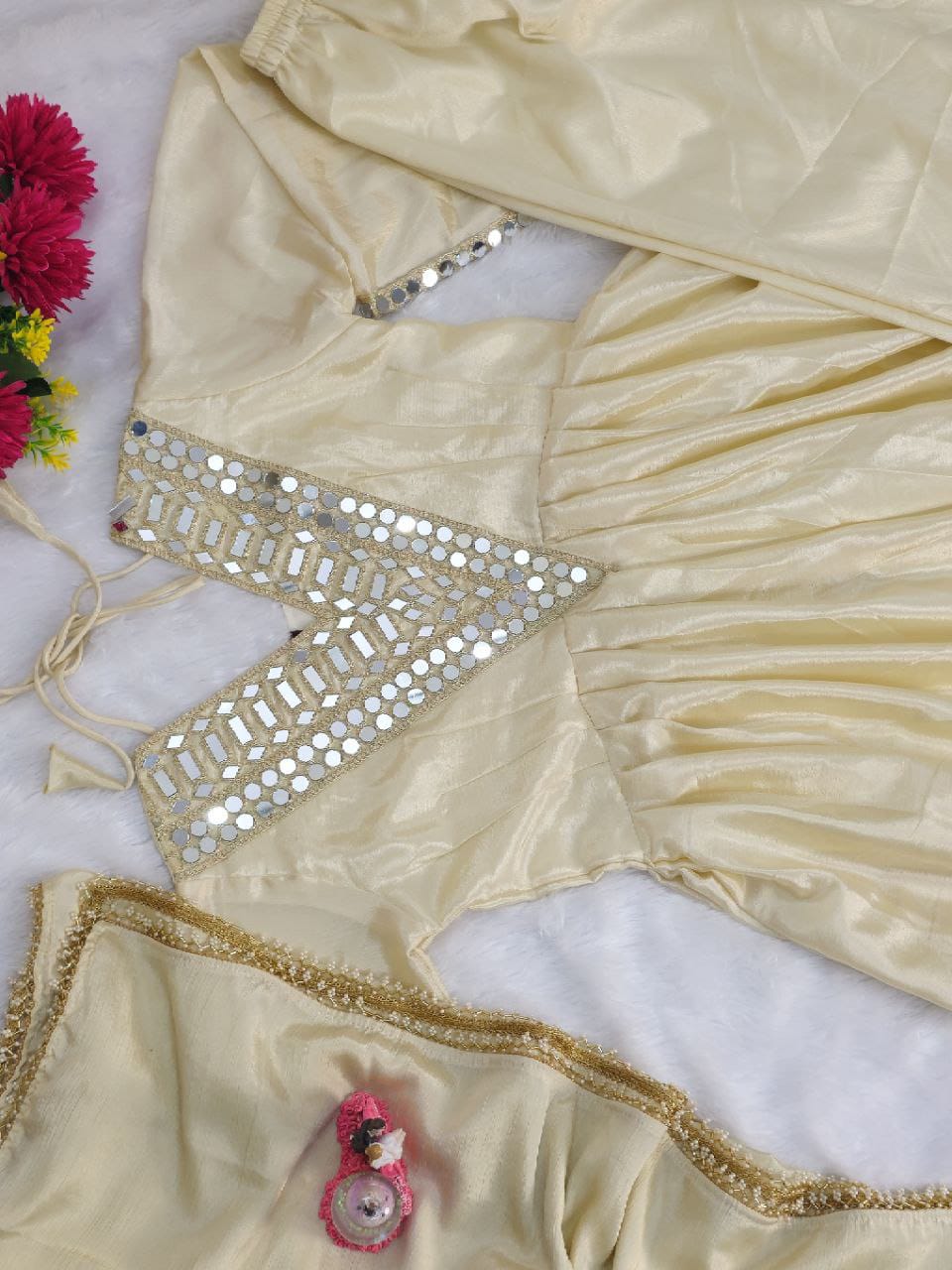 Elegant Cream Sharara Suit with Mirror Detailing