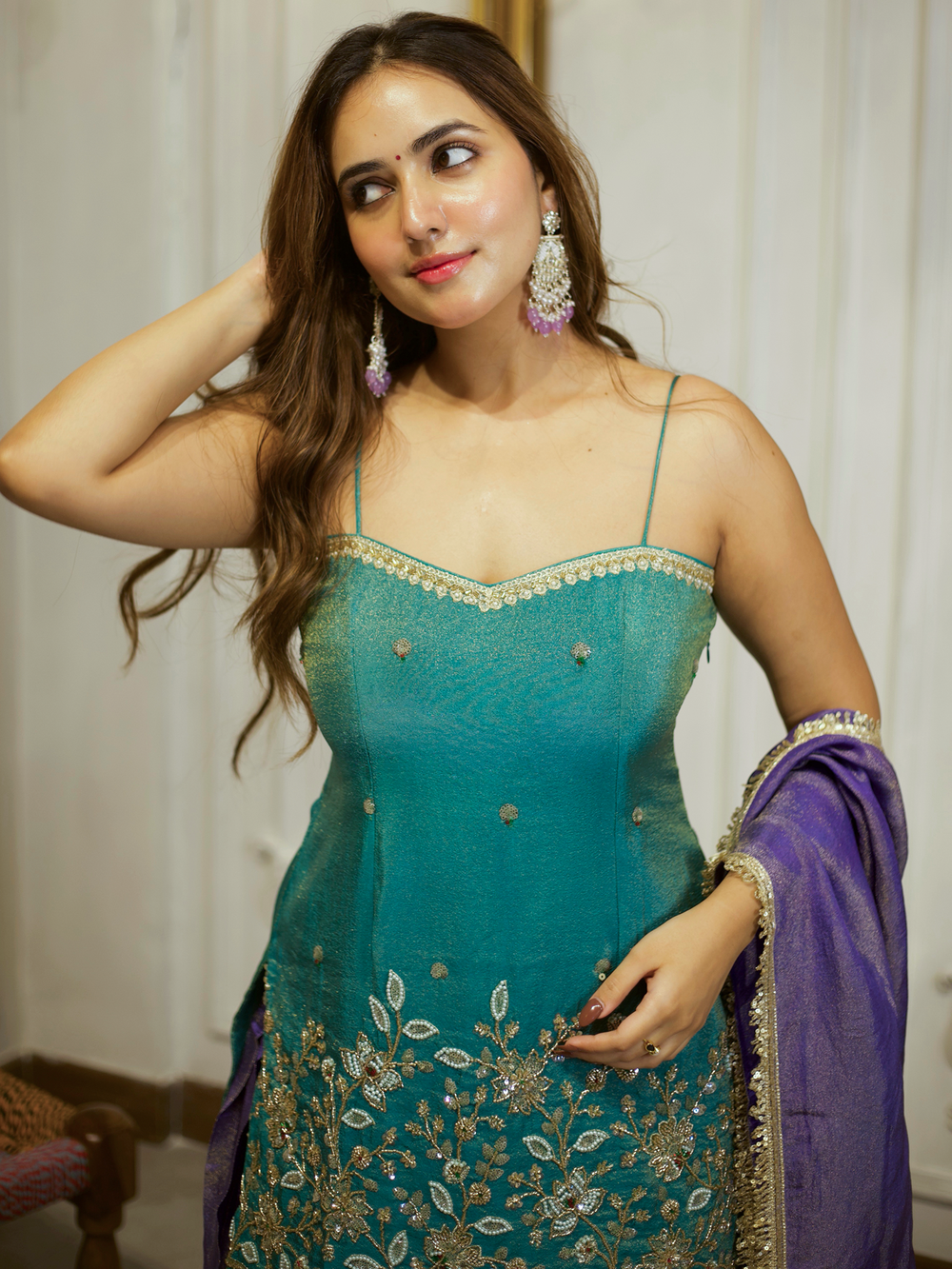 Beautiful Teal Green & Purple Embroidered patiyala suit
