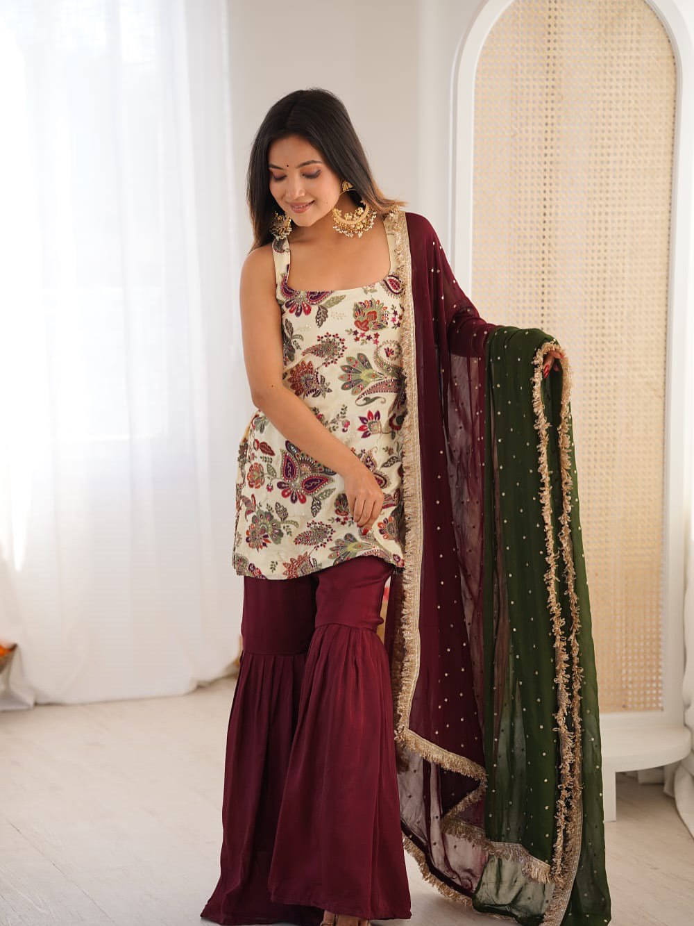 Floral Printed Sharara Set with Maroon Gharara & Net Dupatta