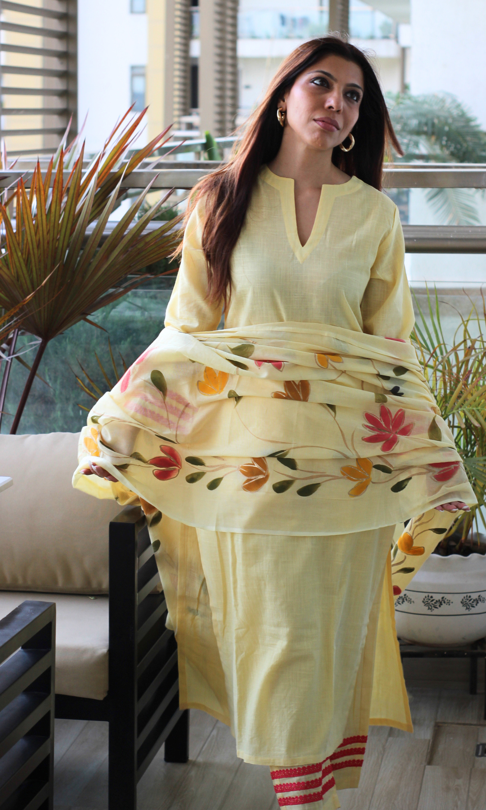 Cotton Yellow Hand-painted Kurta Set