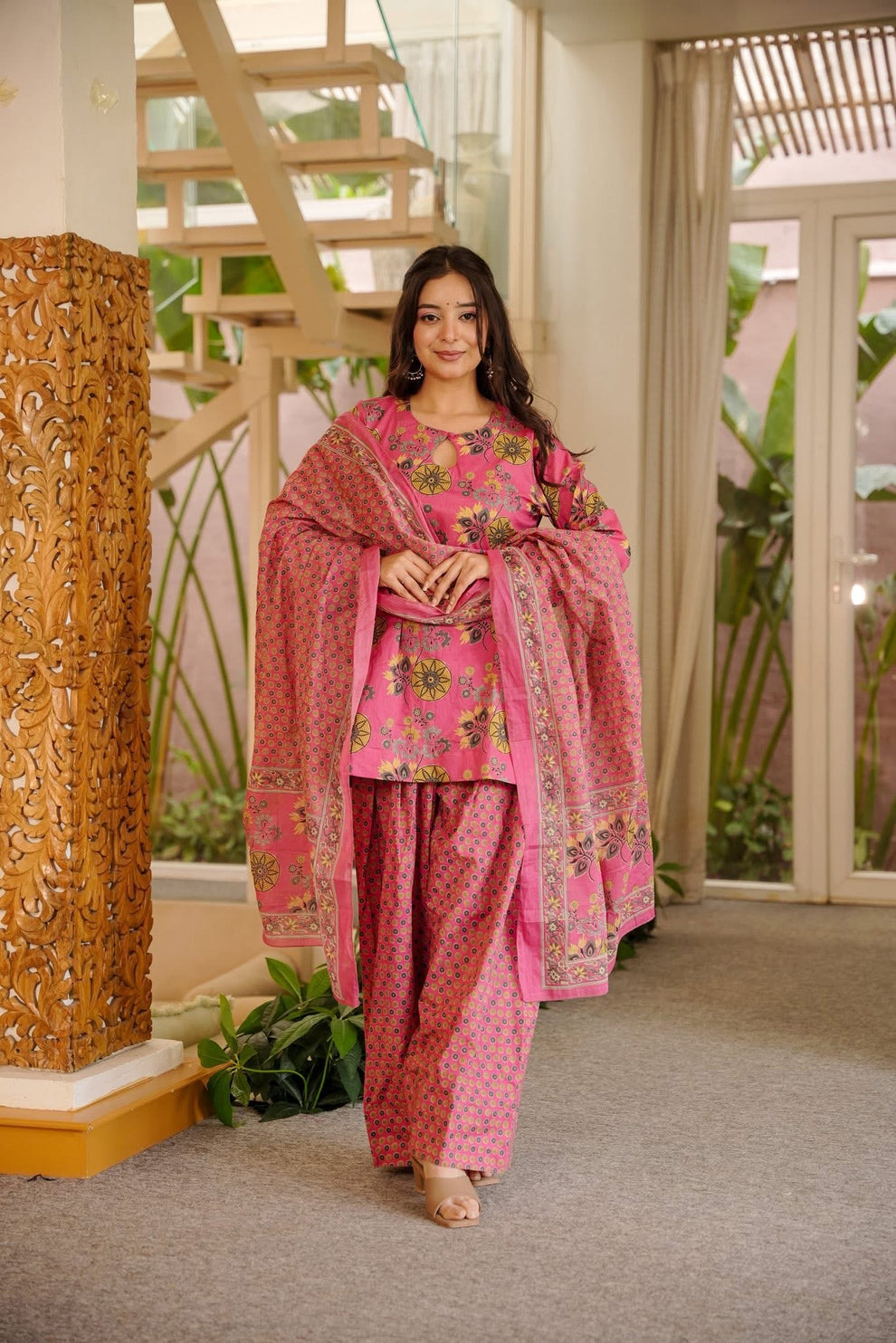 Printed Pink Cotton Farshi Salwar Suit Set