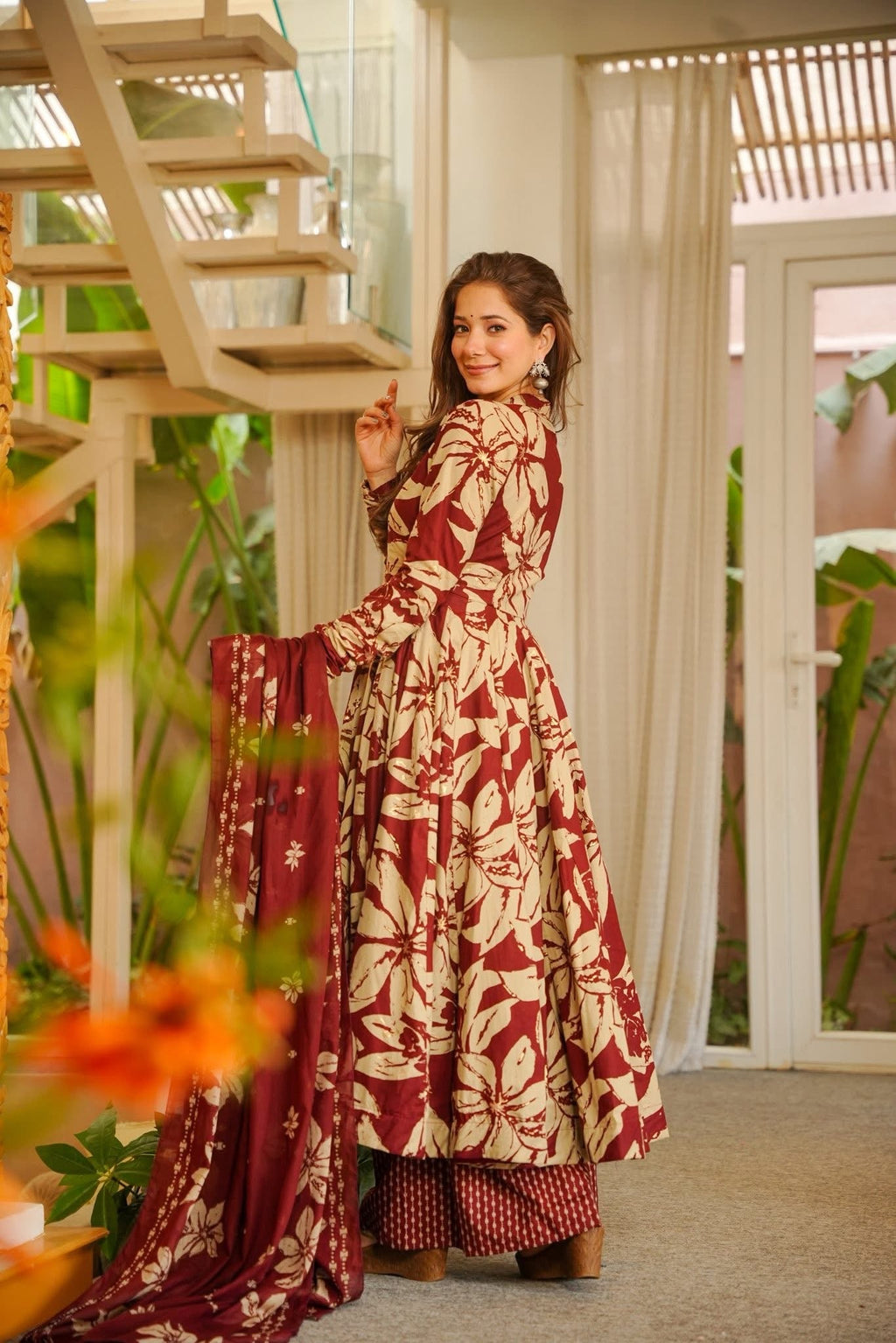 Maroon Cotton Anarkali Suit Set