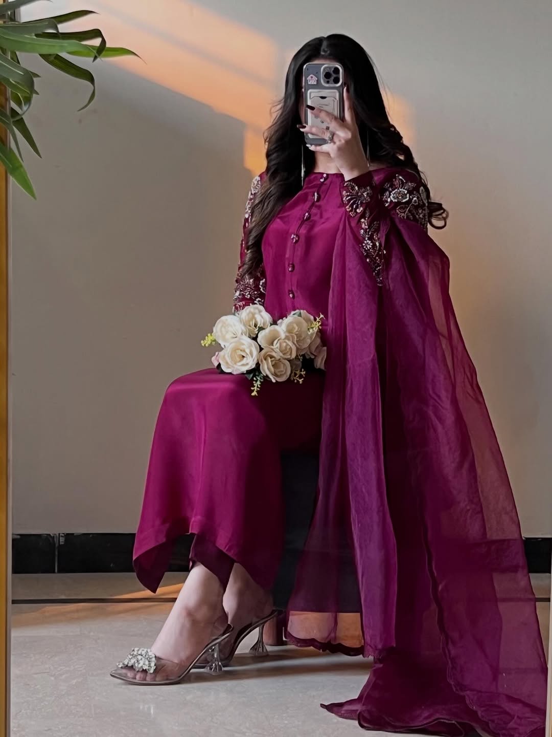 Wine Embroidered A-Line Pakistani Suit Set