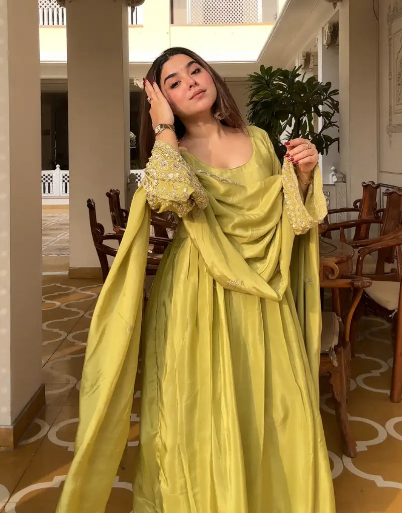 Beautiful Lemon Green Embroidered Anarkali Suit