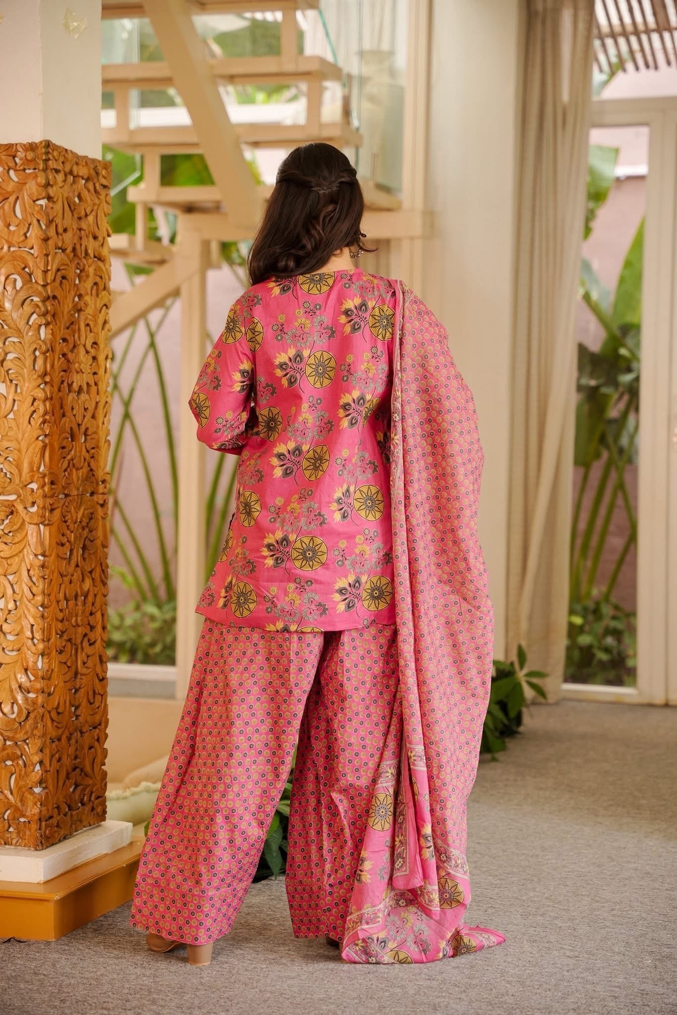 Printed Pink Cotton Farshi Salwar Suit Set