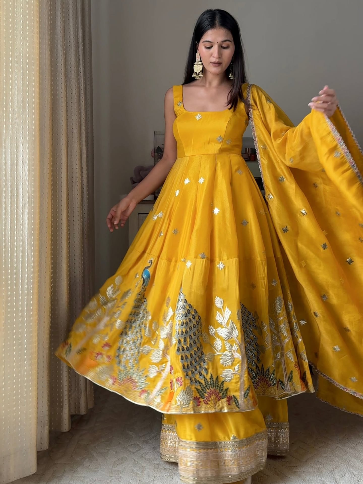 Sunheri Peacock Embroidered Anarkali Set with Dupatta – Mustard Yellow