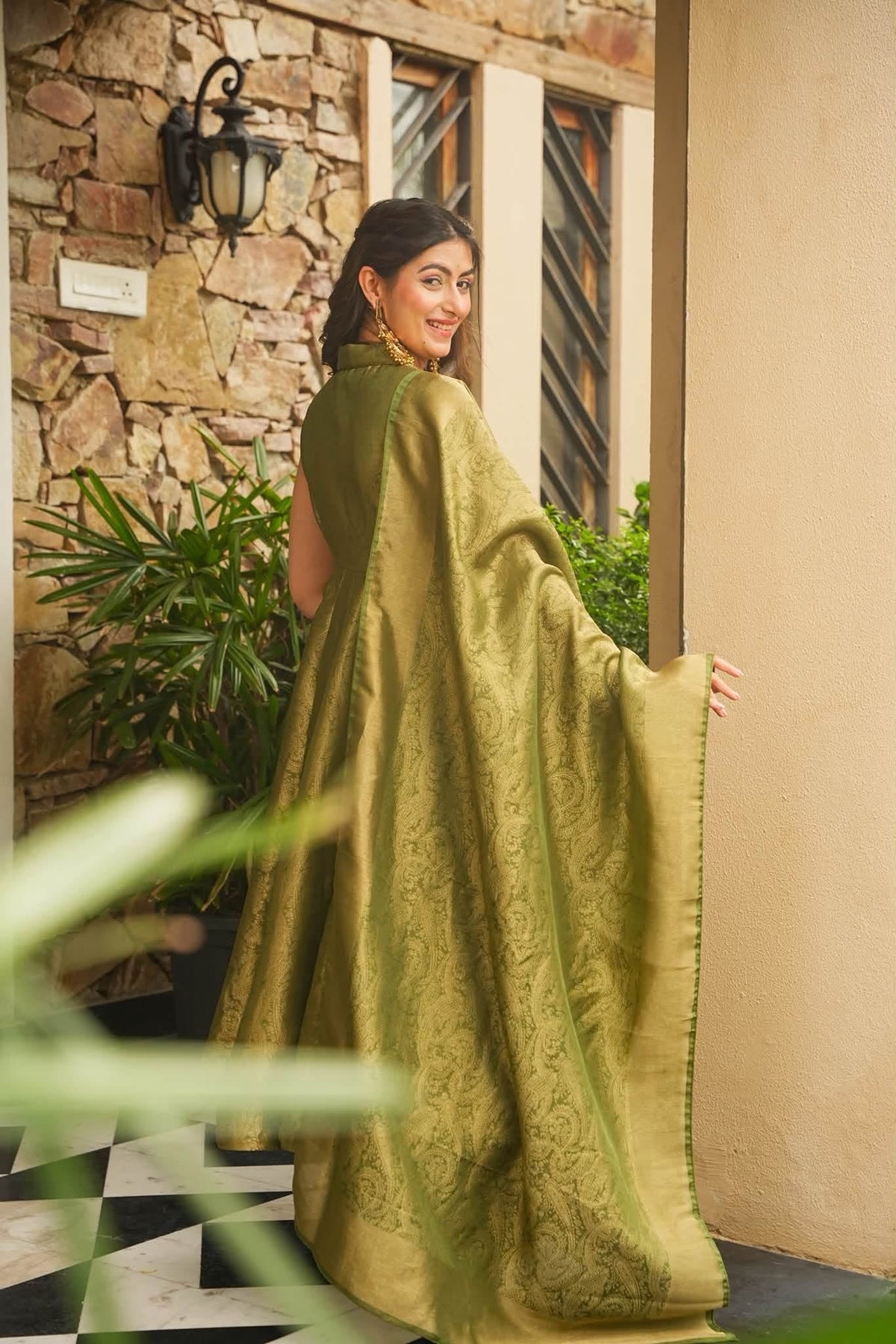 Beautiful Green Banarasi Cosmos Anarkali Suit Set