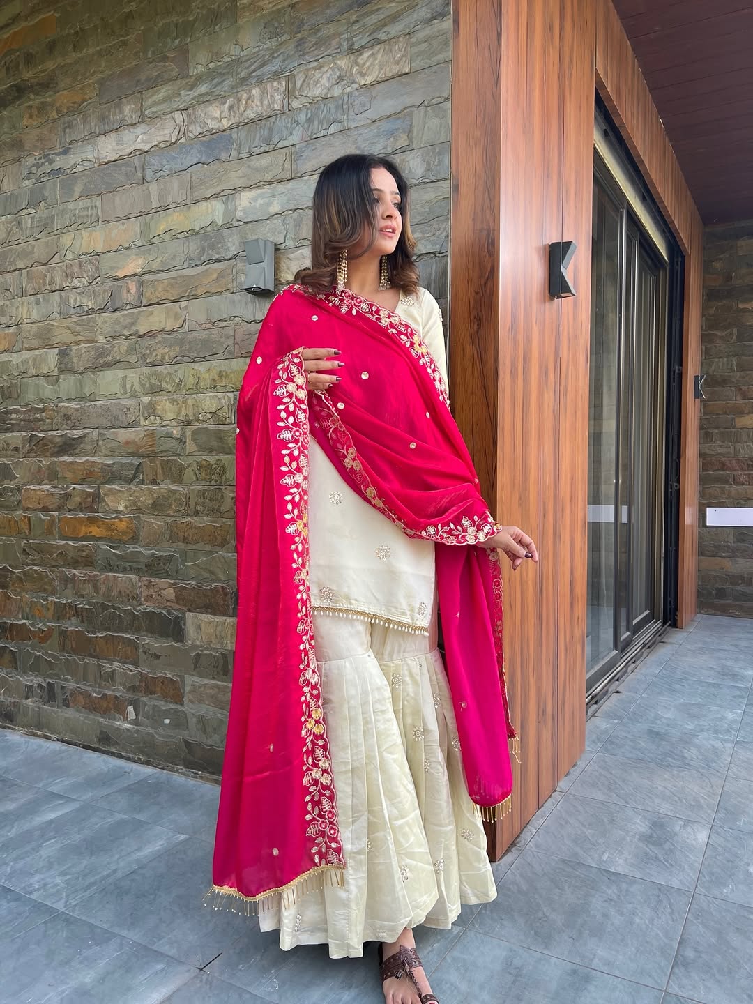 Ivory Sharara Set with Pink Dupatta