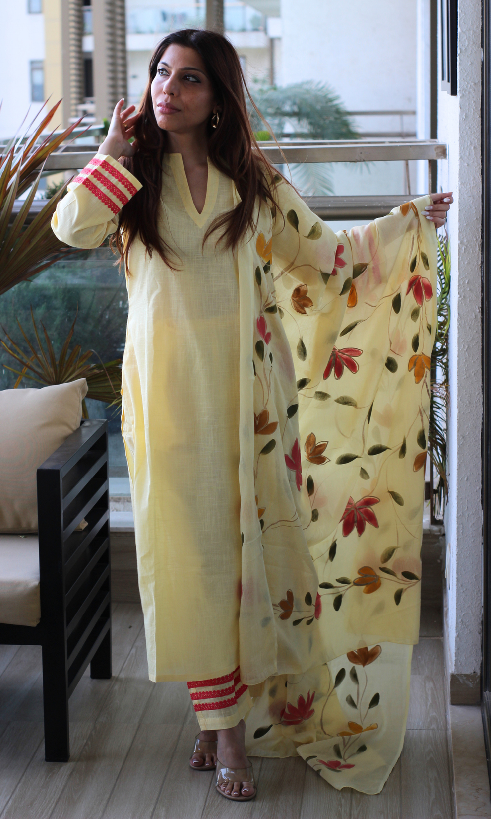 Cotton Yellow Hand-painted Kurta Set