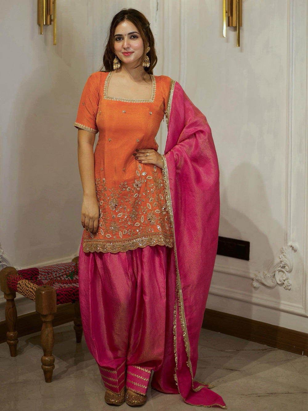Orange & Pink Embroidered Patiala Suit Set
