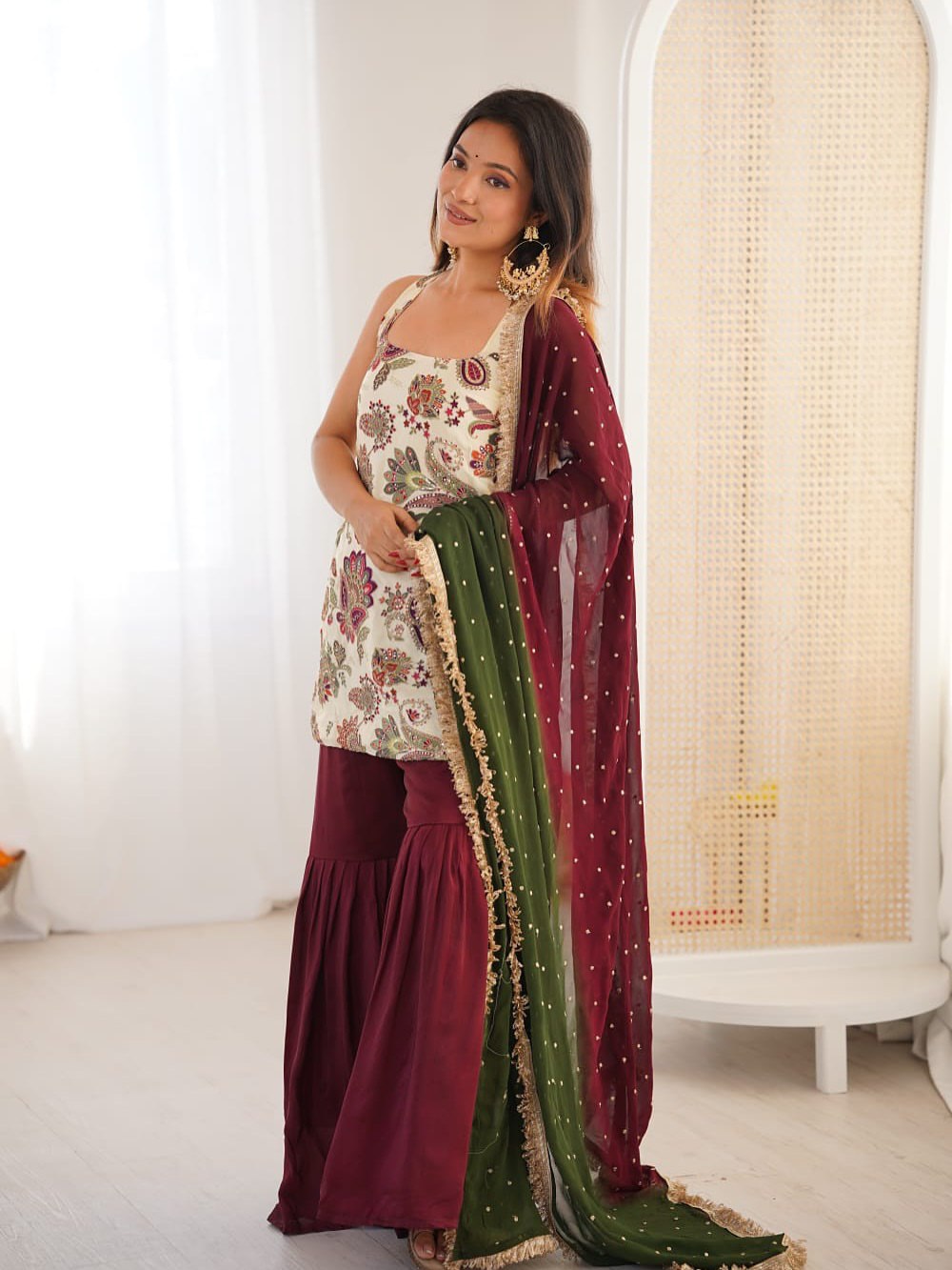 Floral Printed Sharara Set with Maroon Gharara & Net Dupatta