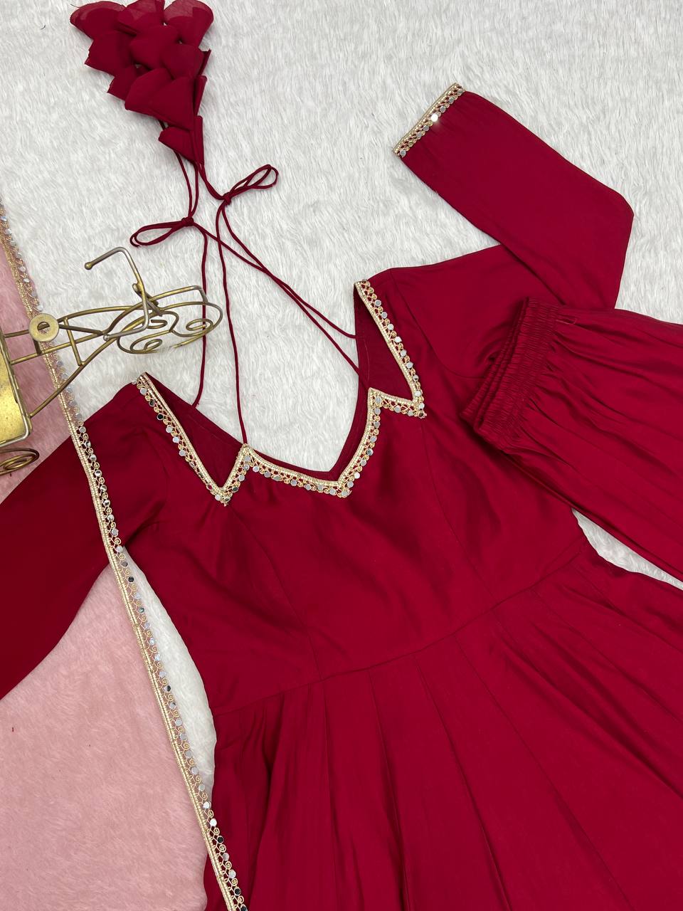 Pure Roman silk Chanderi Anarkali Suit Set