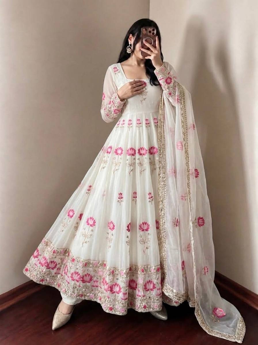 Beautiful Lotus Embroidered Anarkali Suit Set