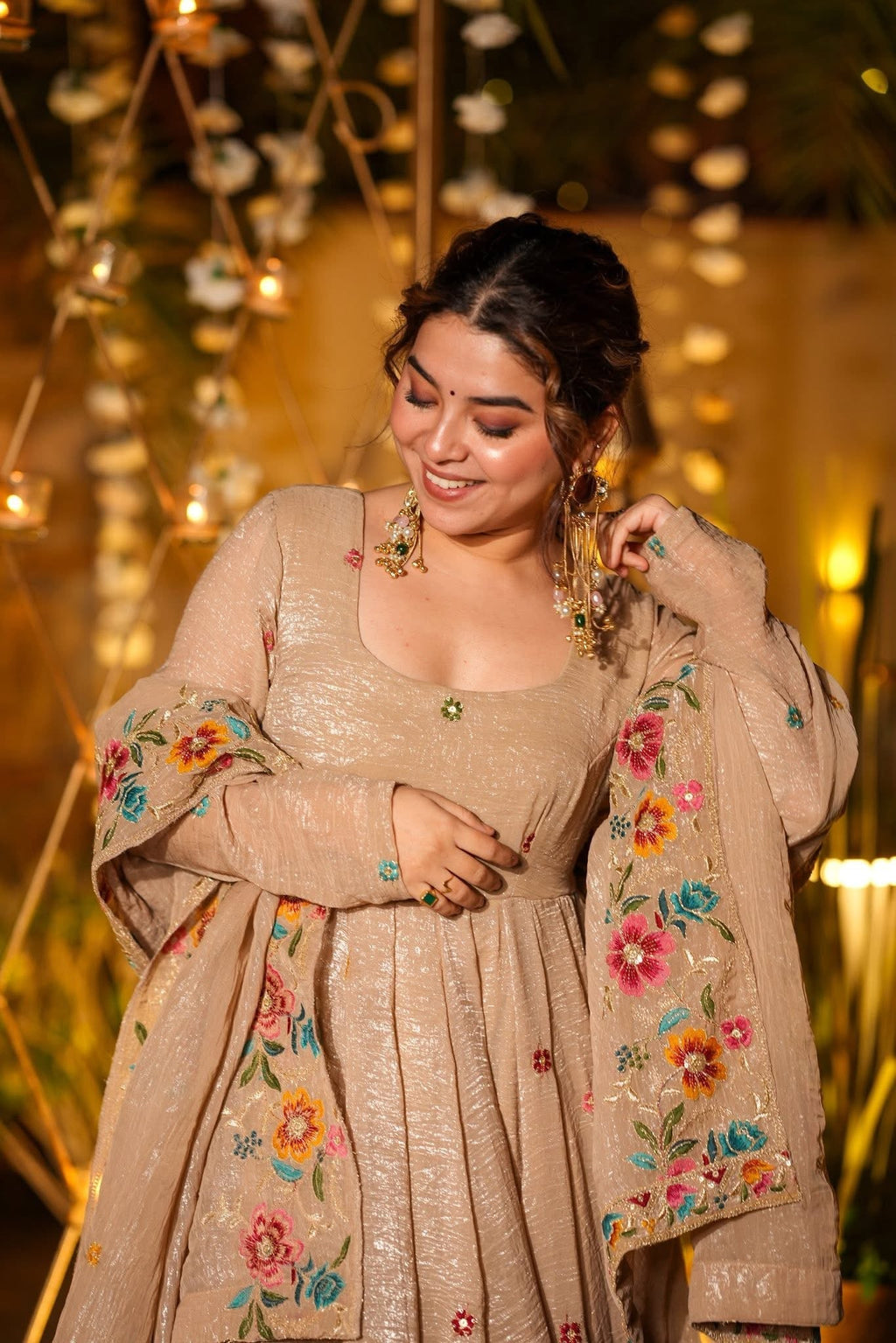 Beautiful Floral Embroidered Beige Anarkali Sharara Set