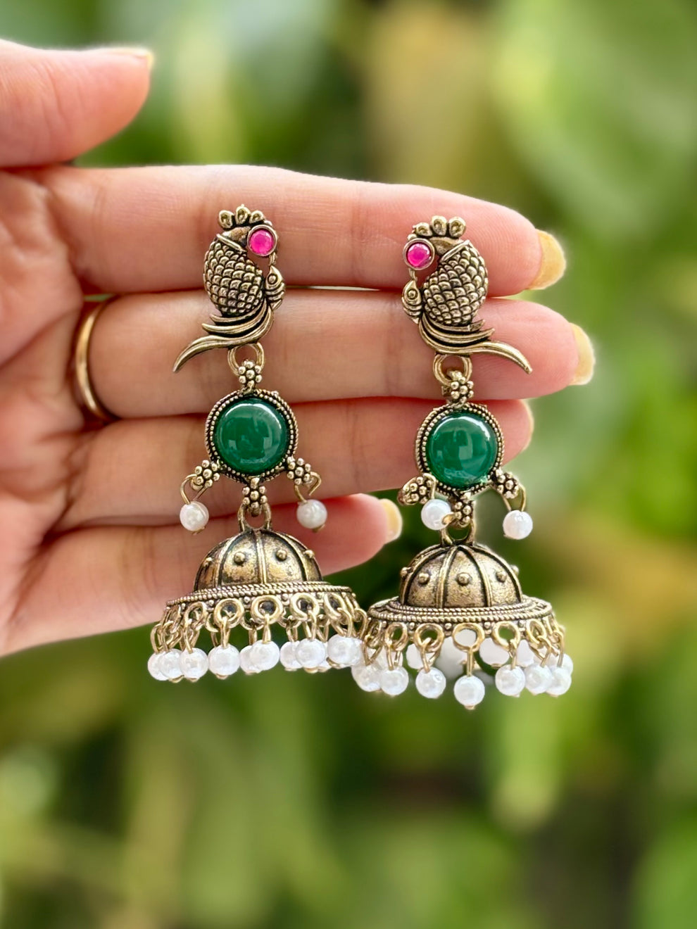 Antique Gold Peacock Ruby Pearl Jhumka Earrings