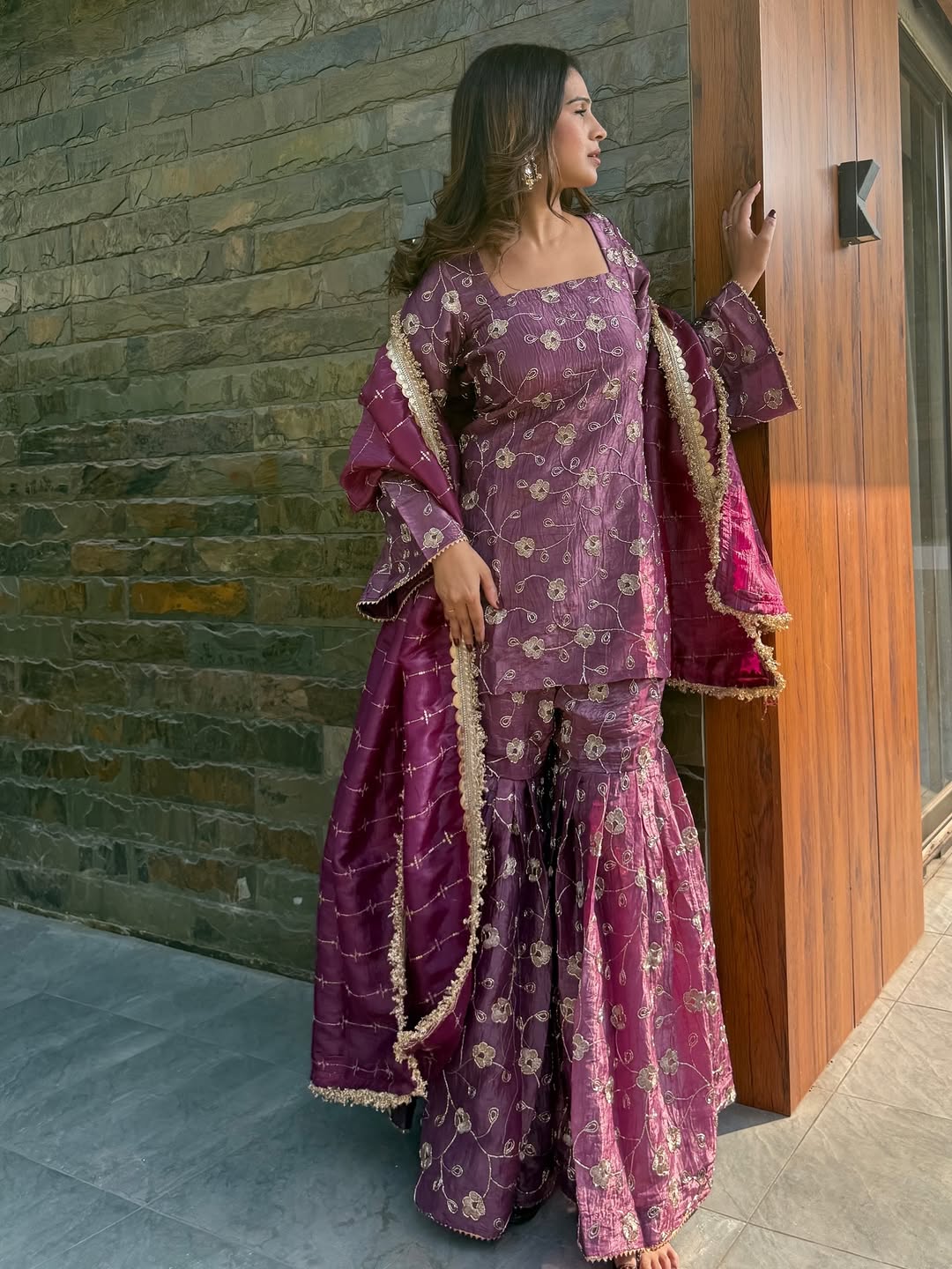 Plum Tissue Silk Embroidered Sharara Suit Set