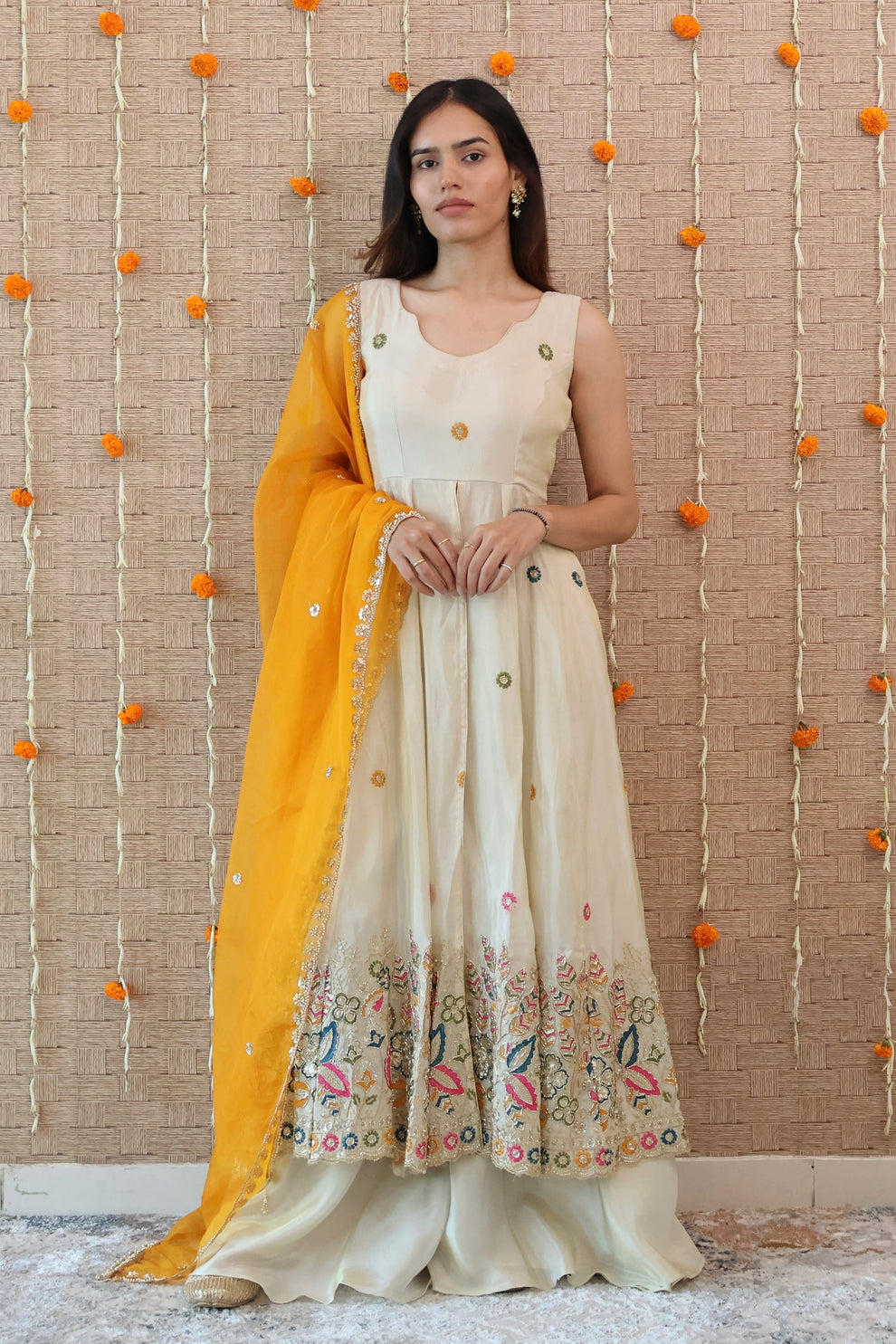 Ivory and Mustard Embroidered Anarkali Set