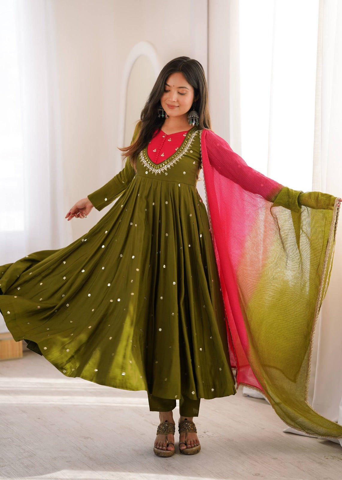 Beautiful Roman Silk Anarkali Suit Set