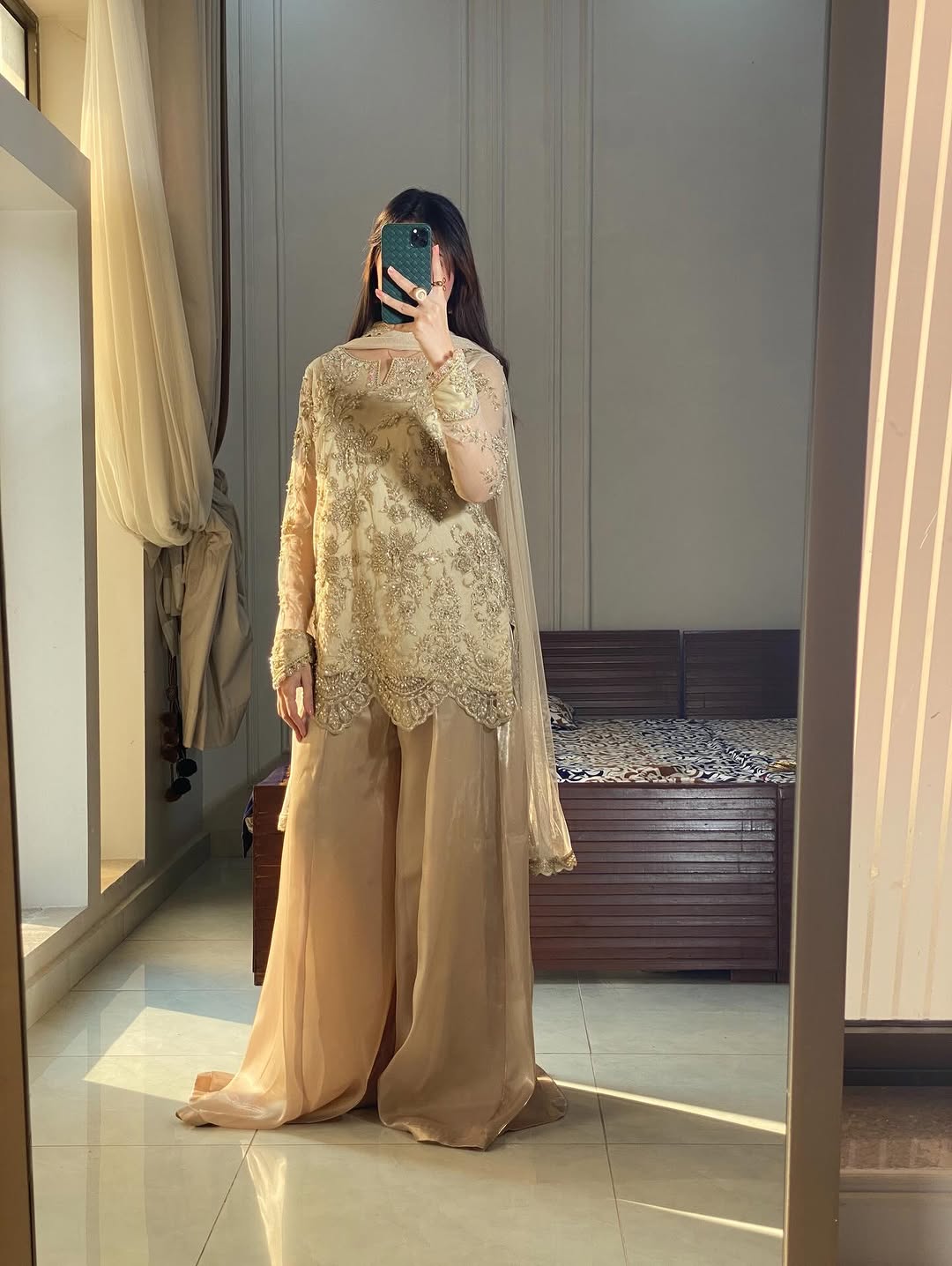 Gold Embroidered & Sequence Pakistani Top Palazzo Set