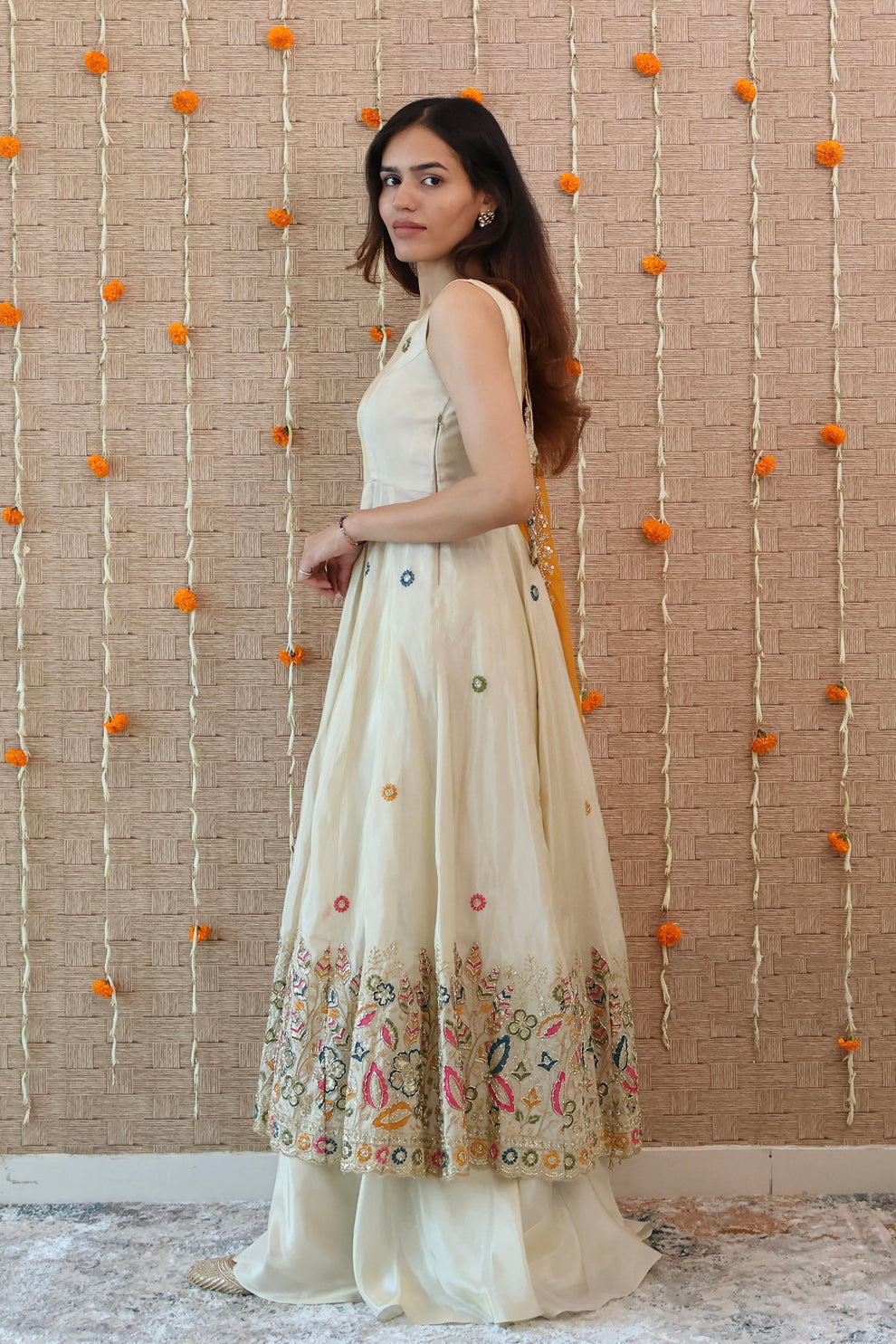 Ivory and Mustard Embroidered Anarkali Set