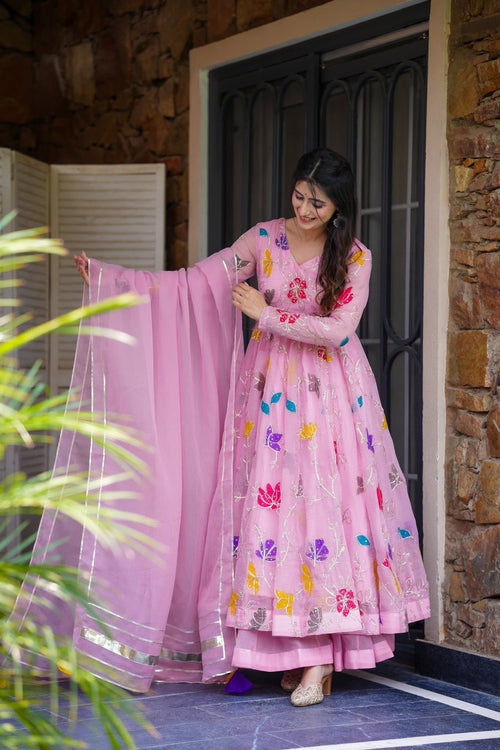 Beautiful Crushed Organza Pink Anarkali Suit Set