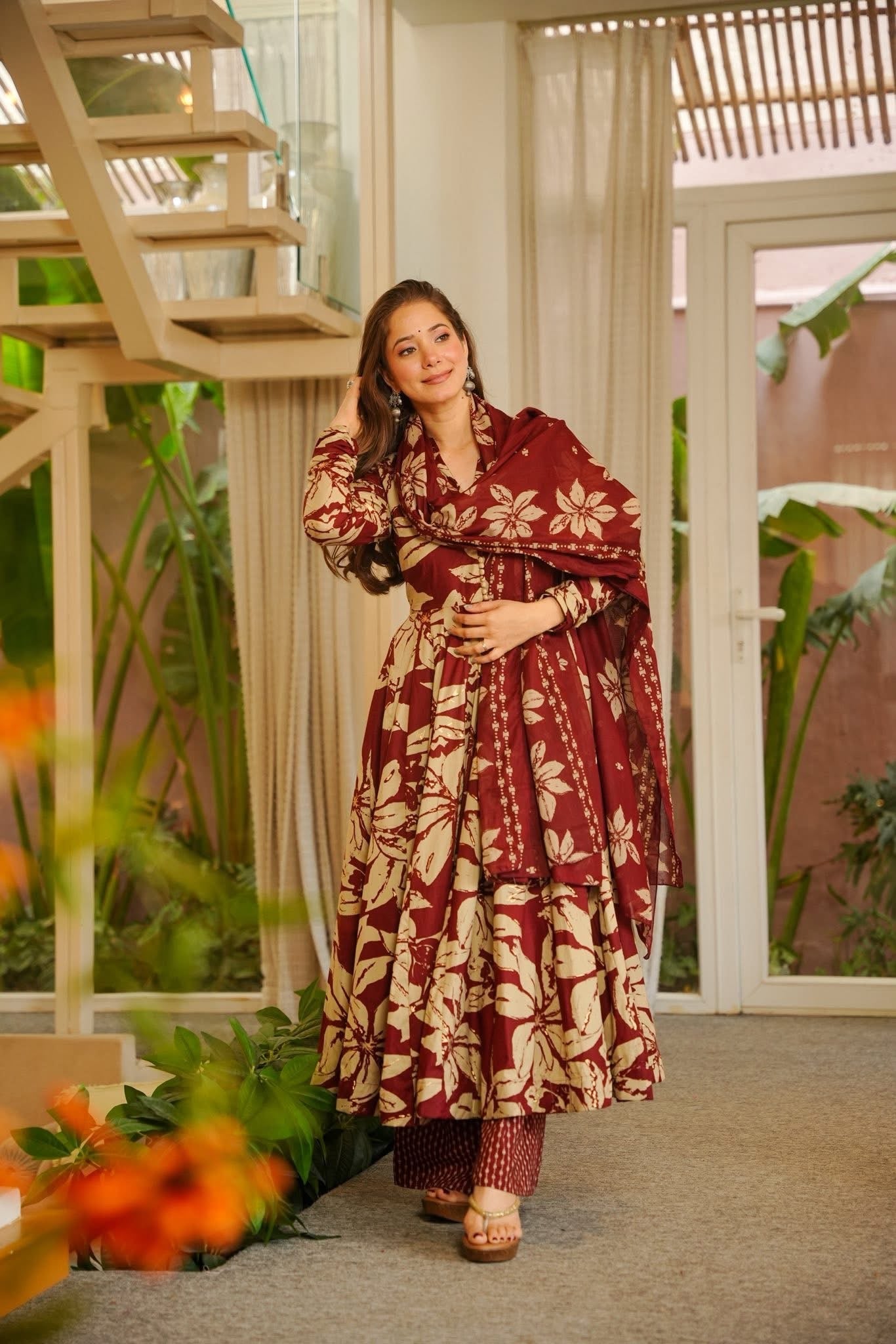 Maroon Cotton Anarkali Suit Set