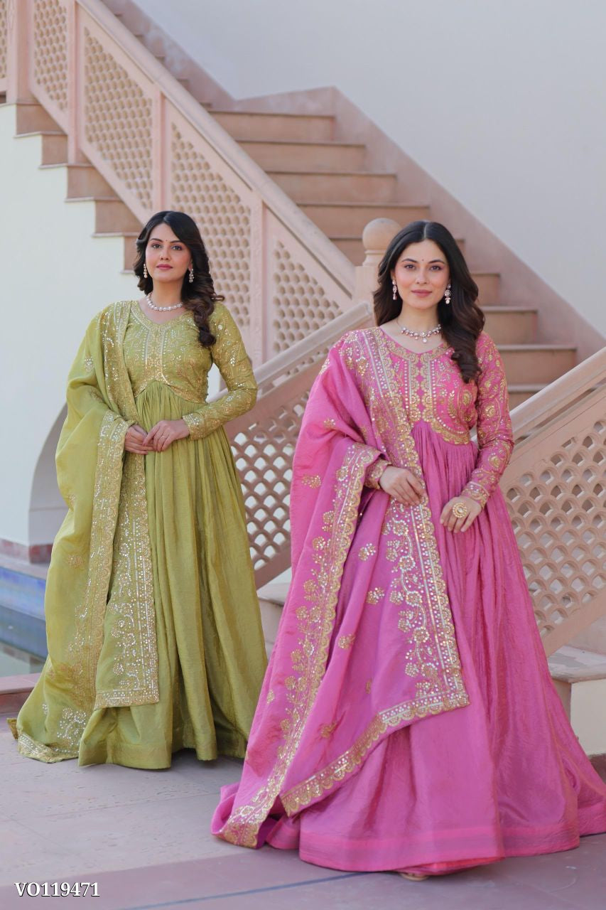 Royal Gold Crush Anarkali Set with Sequence Work