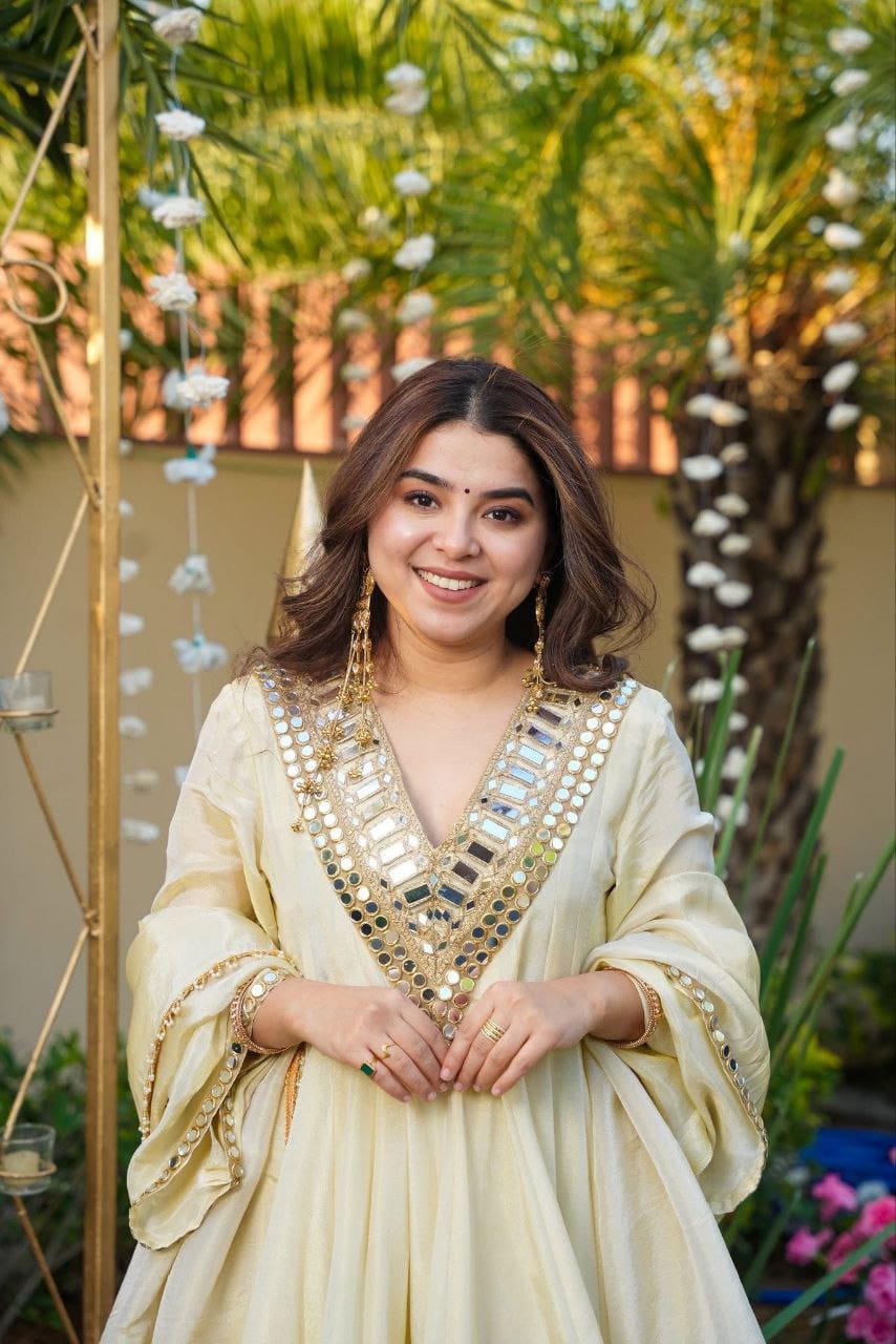 Elegant Cream Sharara Suit with Mirror Detailing