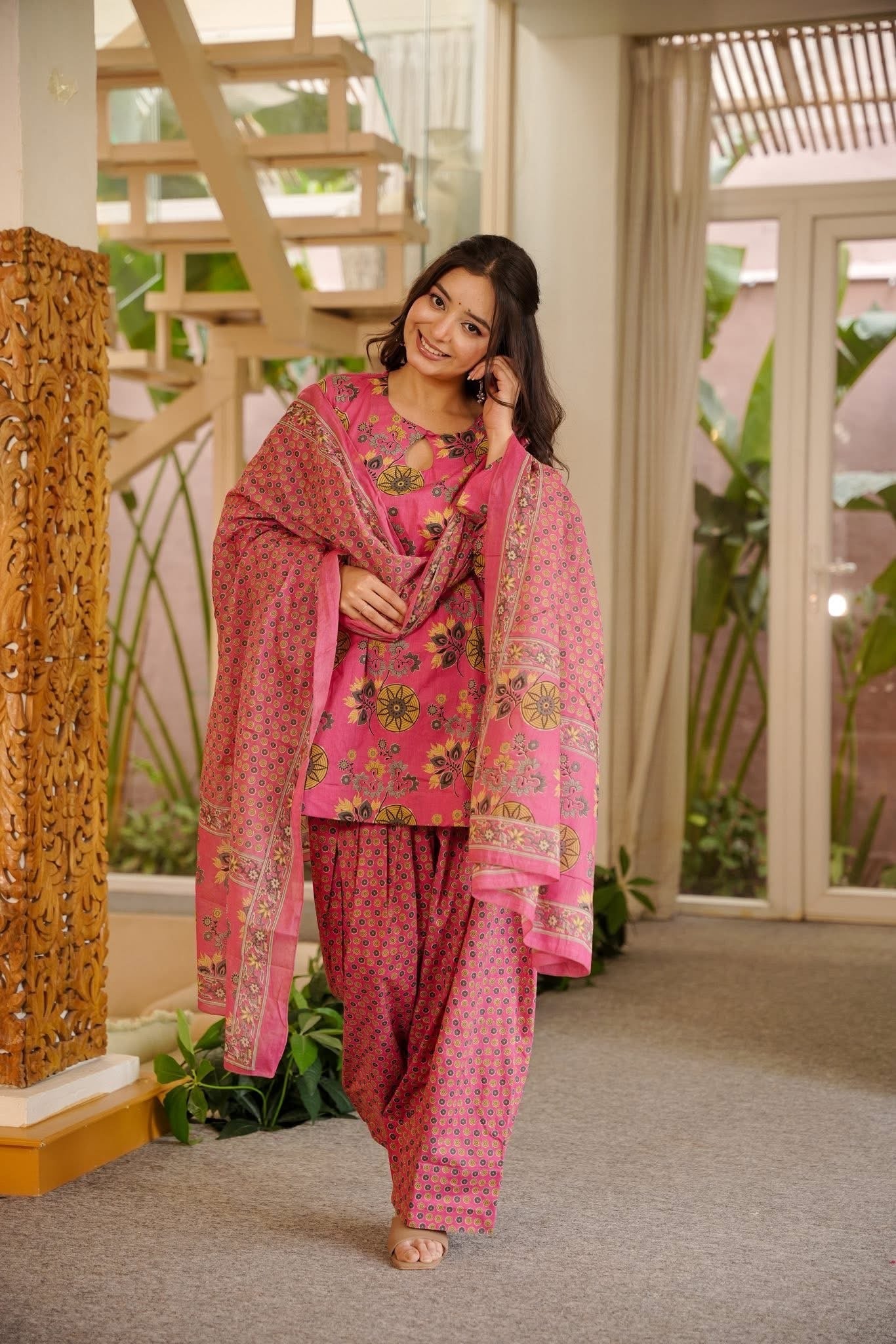 Printed Pink Cotton Farshi Salwar Suit Set