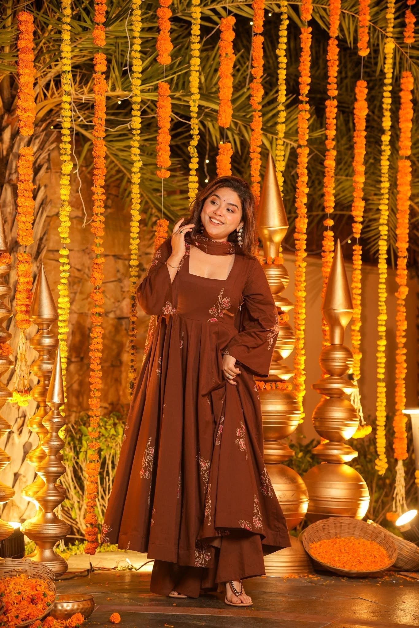 Beautiful Brown Printed Cotton Anarkali Suit